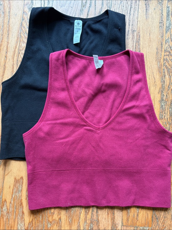 90 Degree By Reflex Tops - Set of TWO 90 Degree By Reflex V-Neck Ribbed Crop Tank Top - Black & Magenta